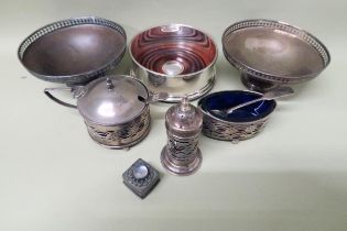 A selection of hallmarked silver items including a pair of bon bon dishes, coaster, small