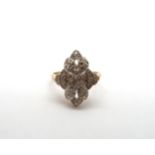 An 18ct yellow gold Art Deco style marquis shape diamond cluster ring, head size approx 20mm x 16mm,