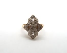 An 18ct yellow gold Art Deco style marquis shape diamond cluster ring, head size approx 20mm x 16mm,