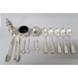 Five silver spoons, two mustard bowls, salt shaker, two tongs and four condiment spoons - approx