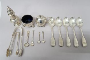 Five silver spoons, two mustard bowls, salt shaker, two tongs and four condiment spoons - approx