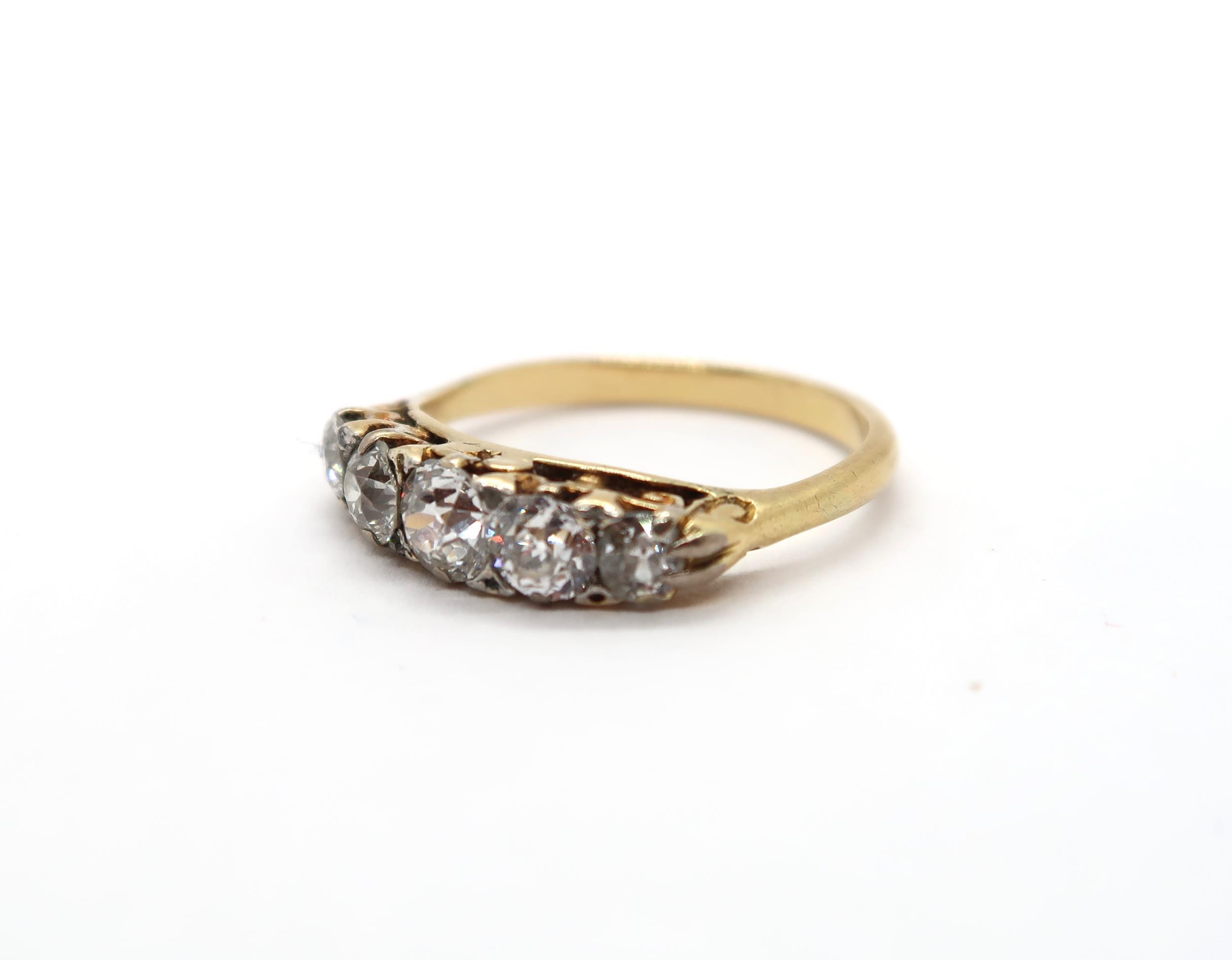 A ladies 18ct yellow gold ring set with five old cut diamonds - ring size P - estimated total - Image 5 of 5