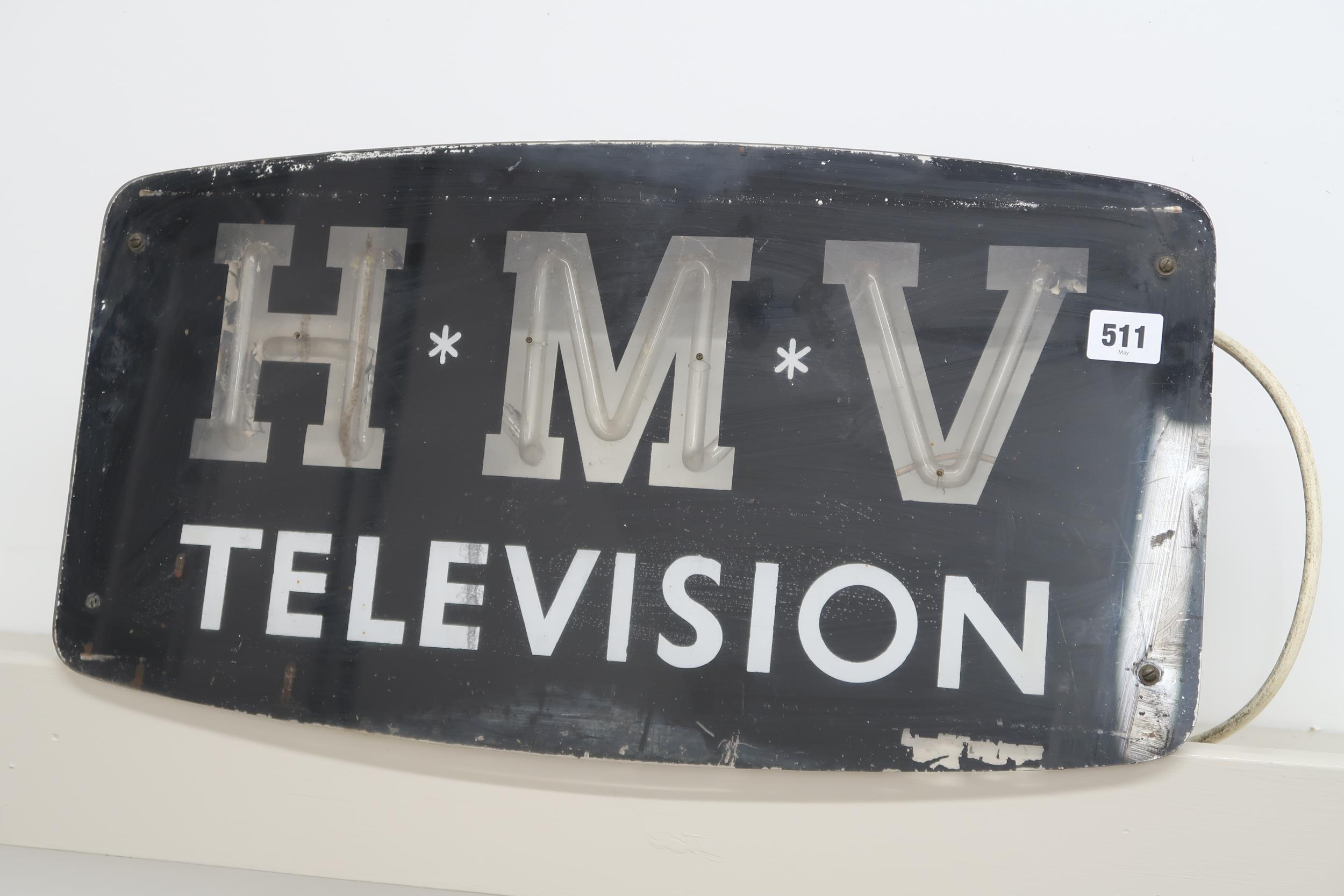 An H.M.V. television advertising board, illuminated, 53cm wide x 29cm high x 7cm deep