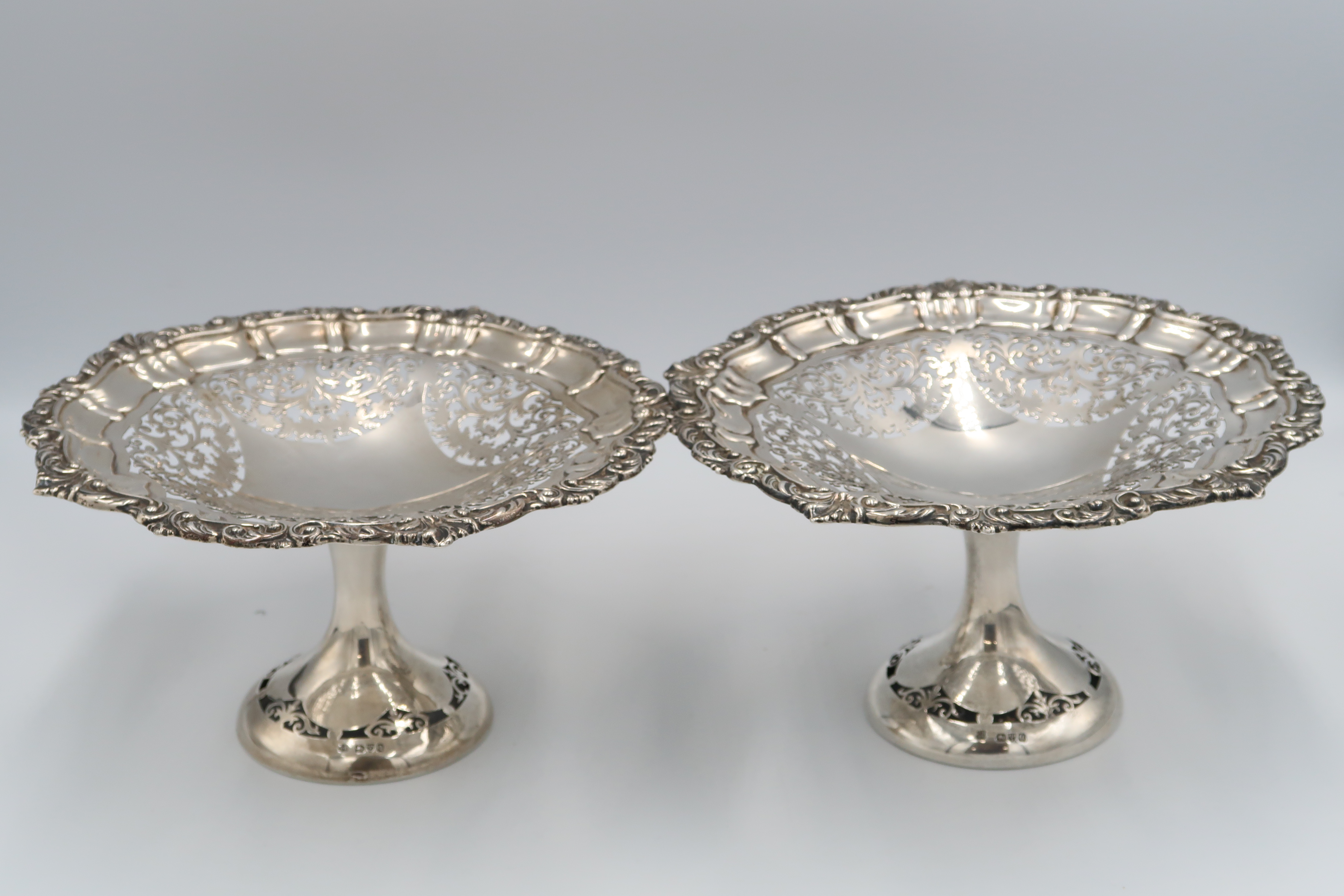 Two silver hallmarked Tazza's with pierced foliate decoration, Chester 1899, James Deakin & Sons,