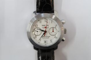 A Gents Poljot chrono automatic black leather strap, running in saleroom