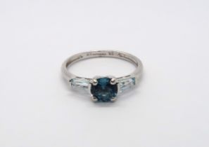 A 9ct white gold blue topaz and aquamarine ring, head size approx 15mm x 6mm, size O/P