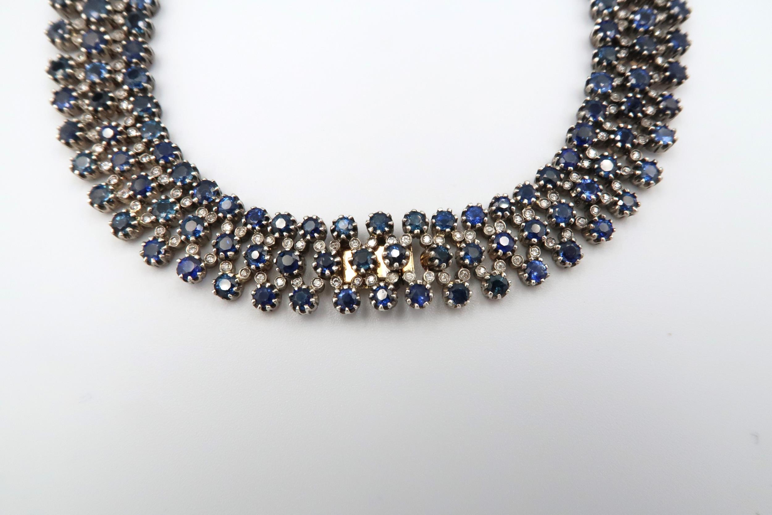 A stunning three row articulated sapphire and diamond necklace. The graduating circular claw set - Image 4 of 11