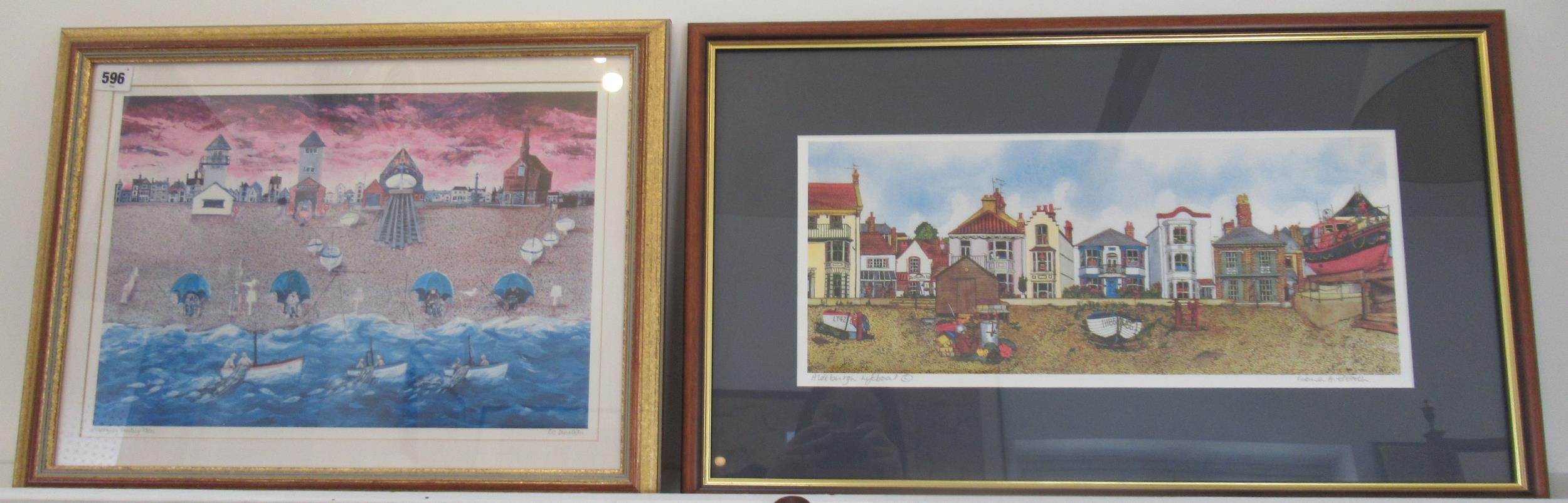 Two prints of Aldeburgh in Fantasy 84/500 by Ros Donaldson, 53cm x 40cm and Lifeboat Station