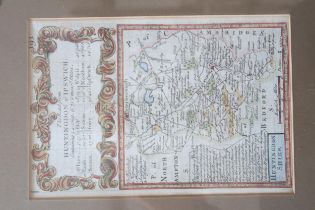 A framed map of Huntingdon Ipswich Road, double sided by Owen & Bowen circa 1740 - 18cm x 12cm