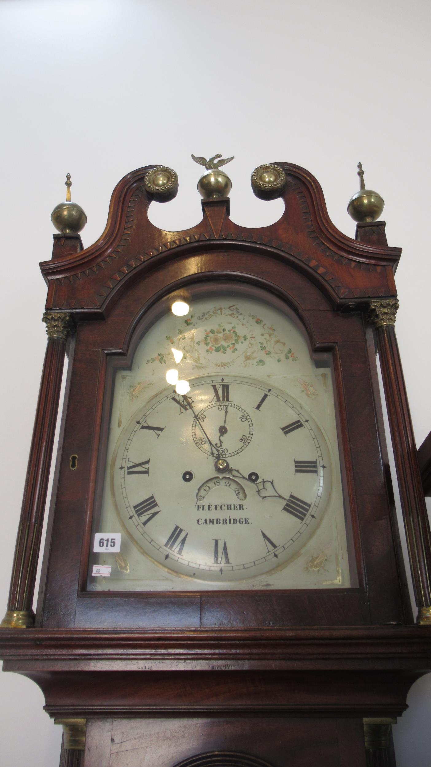 A longcase clock by Fletcher of Cambridge, 8 day movement in a mahogany case, roman numerals and
