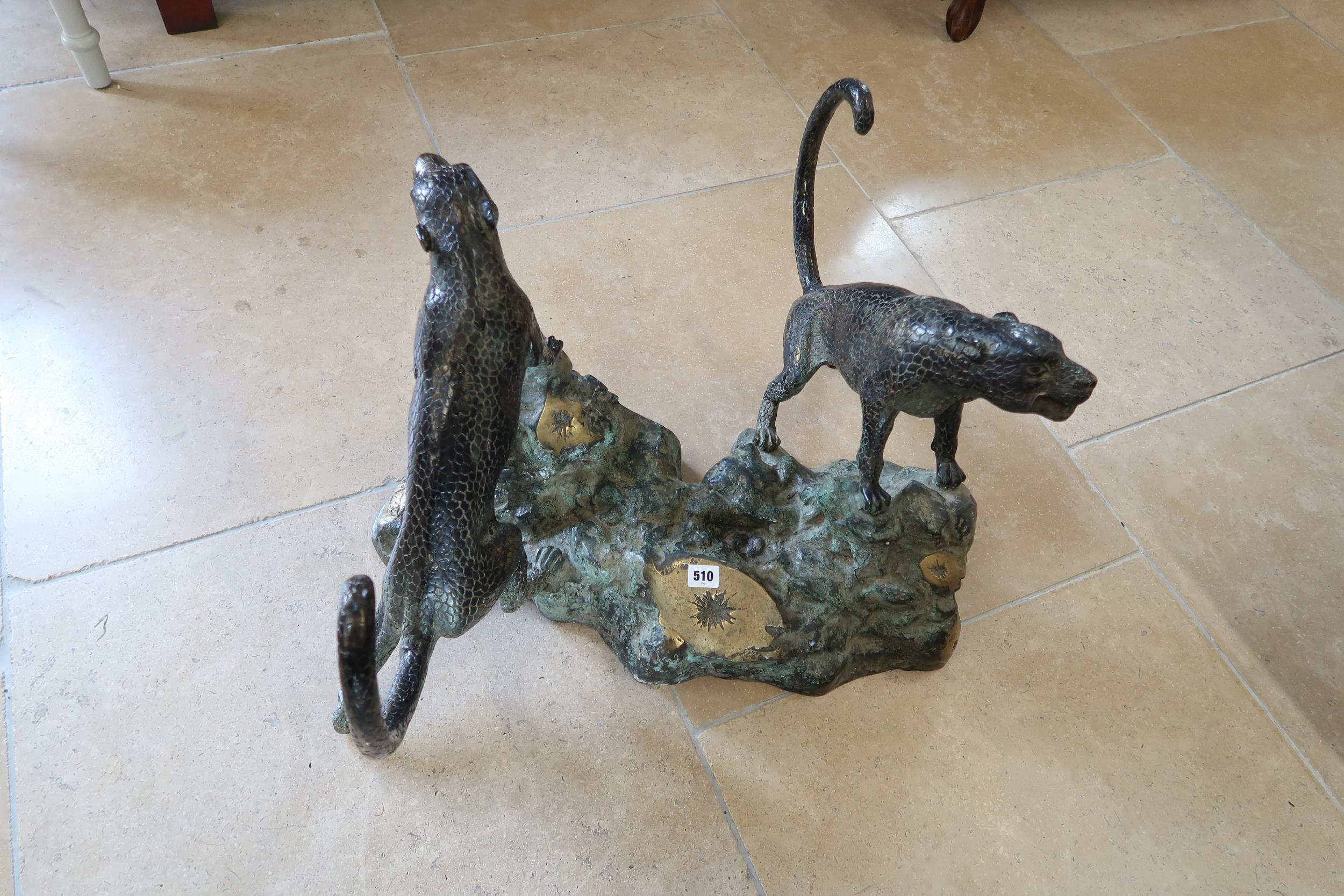 A large bronze sculpture of opposing Jaguars climbing tree stump, signature to one corner - Height - Image 2 of 6