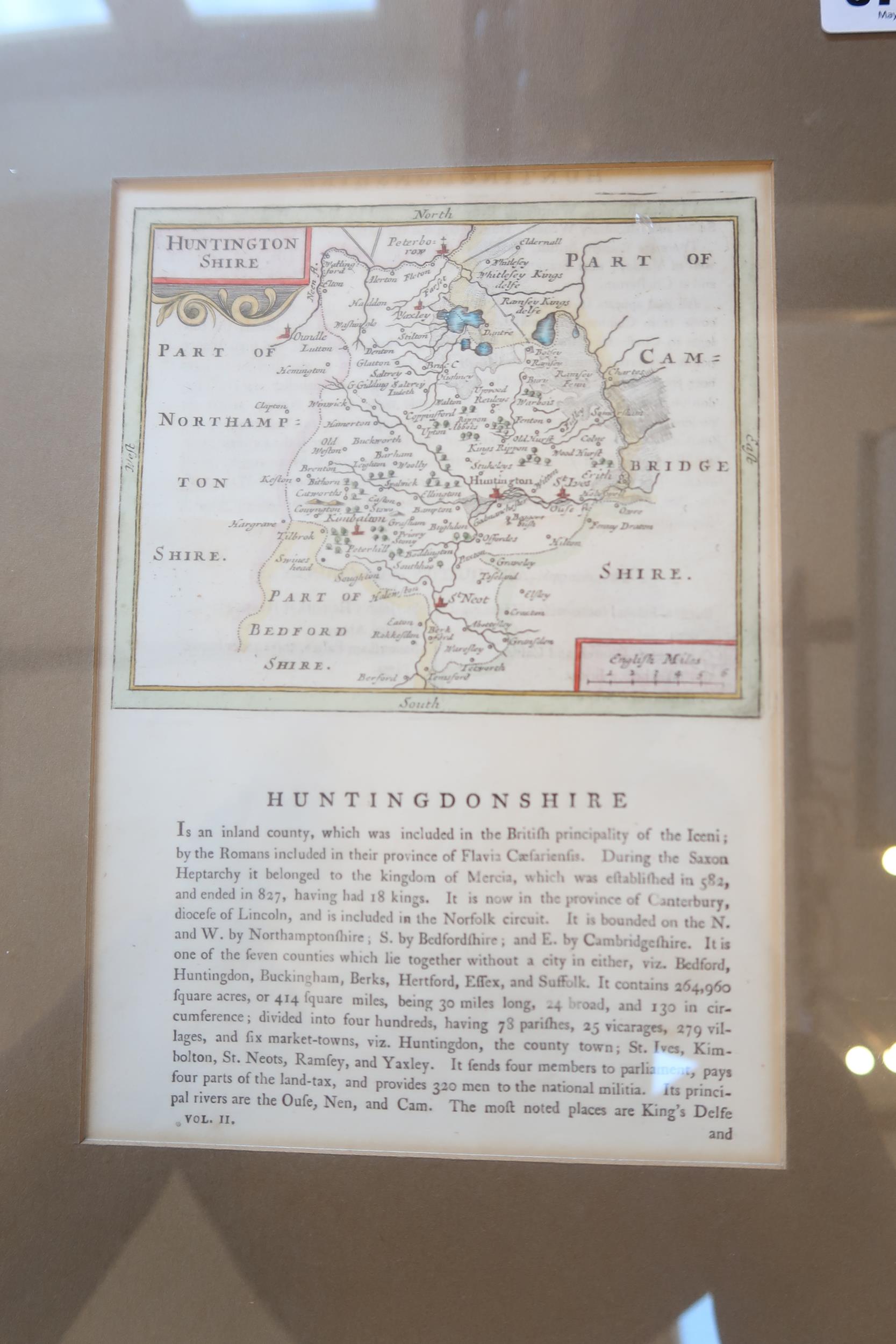 A framed map of Huntingdon circa 1766 - double sided - 22cm x 15cm
