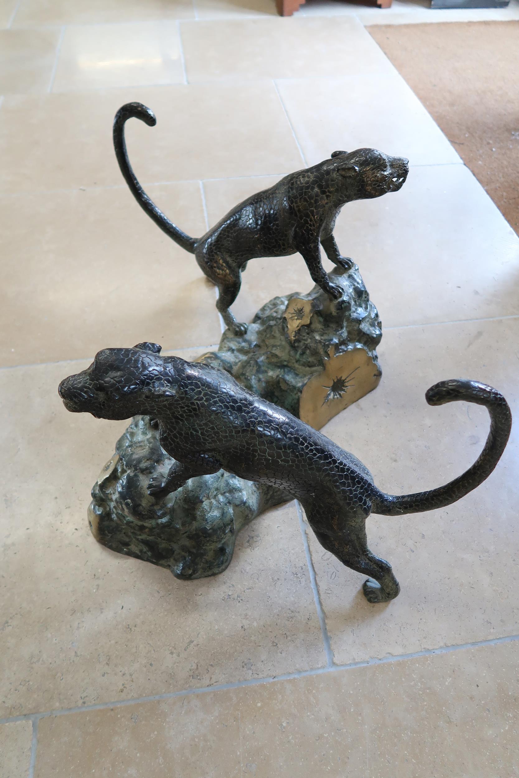 A large bronze sculpture of opposing Jaguars climbing tree stump, signature to one corner - Height - Image 5 of 6