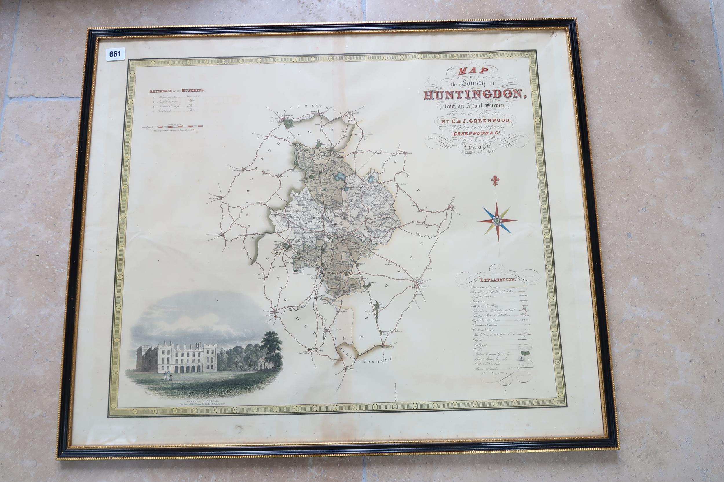 A framed map of Huntingdon Castle by Greenwood circa 1829 - 77cm x 65cm