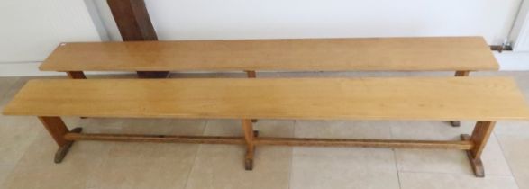 A pair of oak benches - Length 280cm x Height 47cm - removed from a local private school dining hall