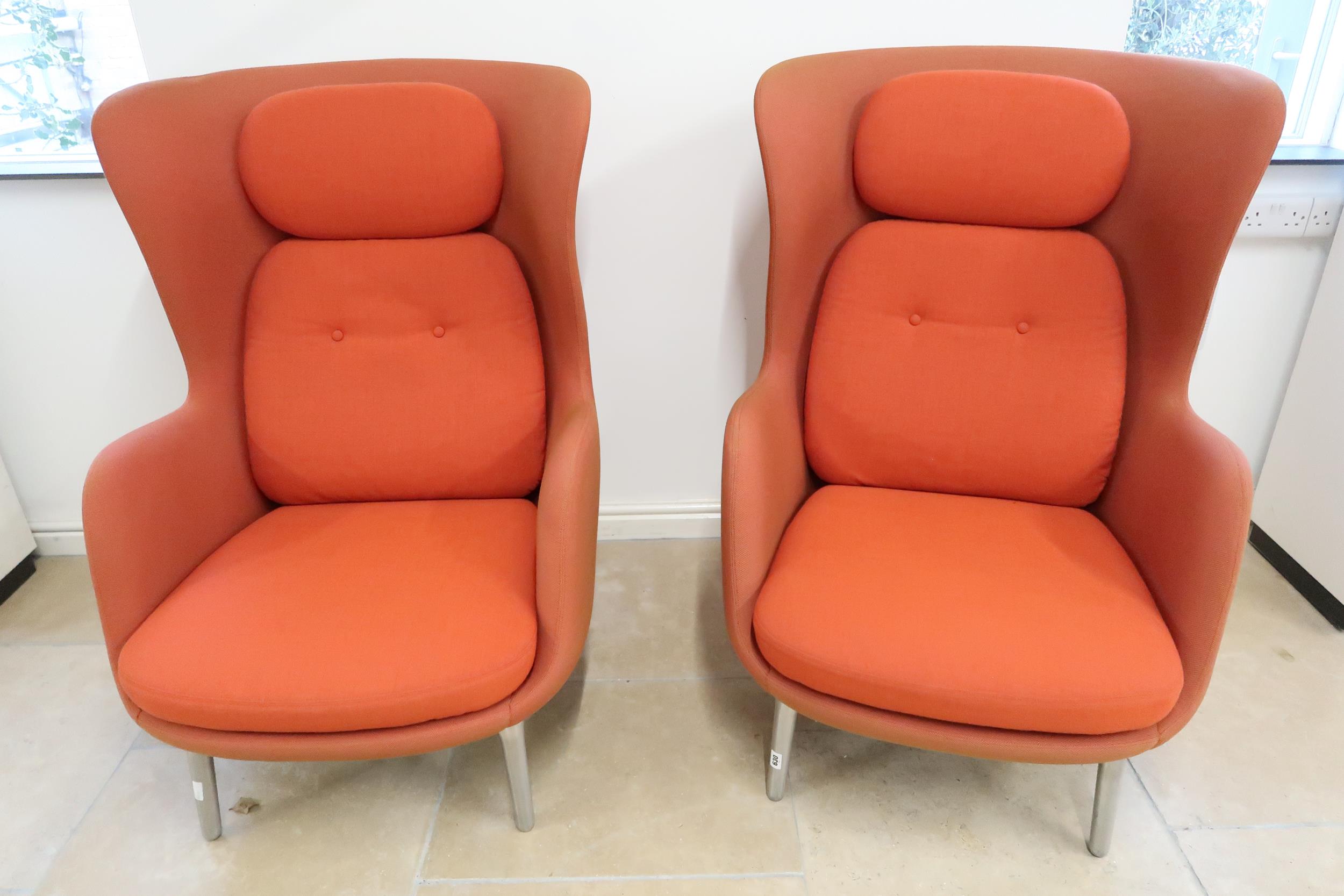 A pair of Ro armchairs designed by Jaime Hayon for Fritz Hansen in a wool fabric in sound condition,