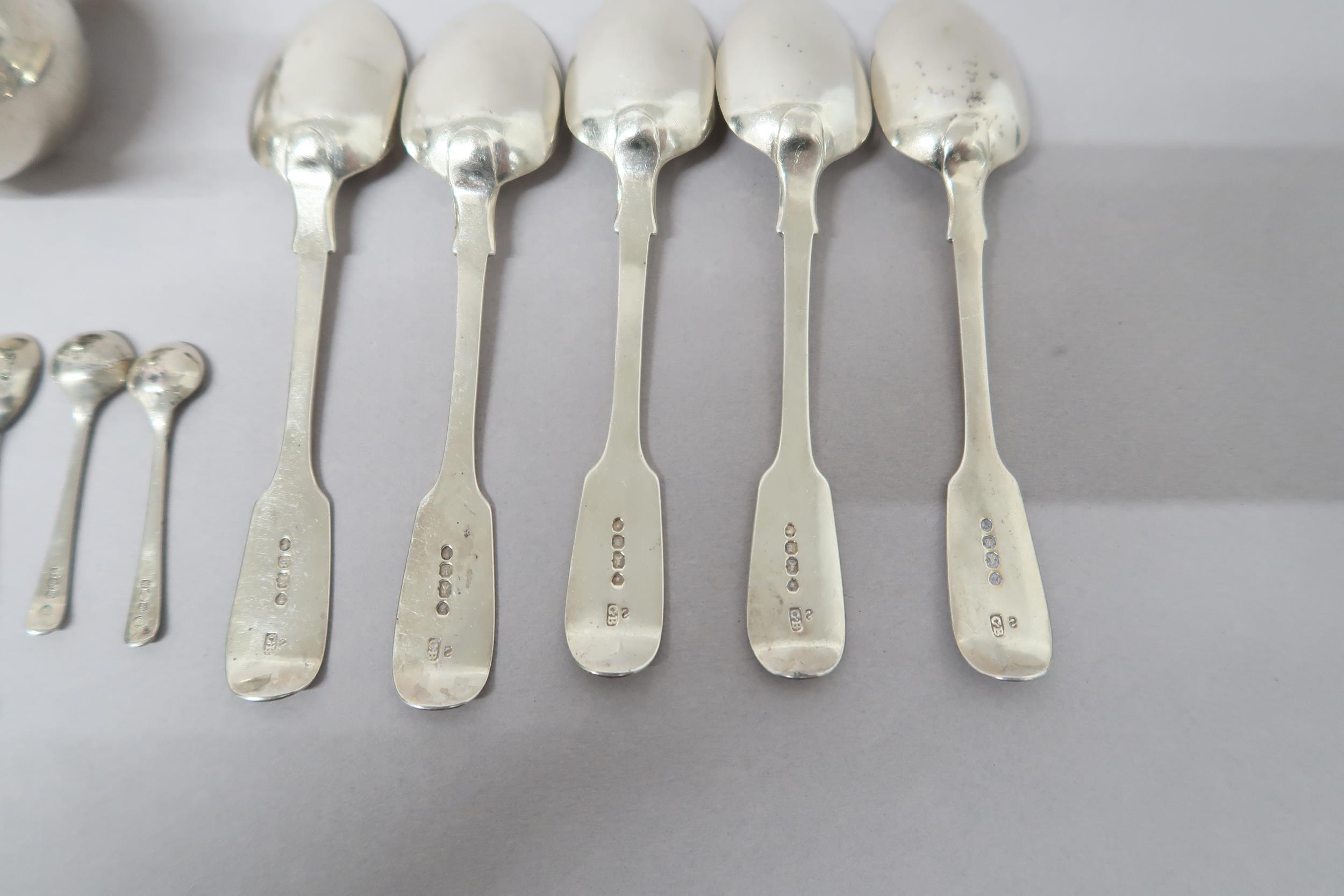 Five silver spoons, two mustard bowls, salt shaker, two tongs and four condiment spoons - approx - Image 3 of 3