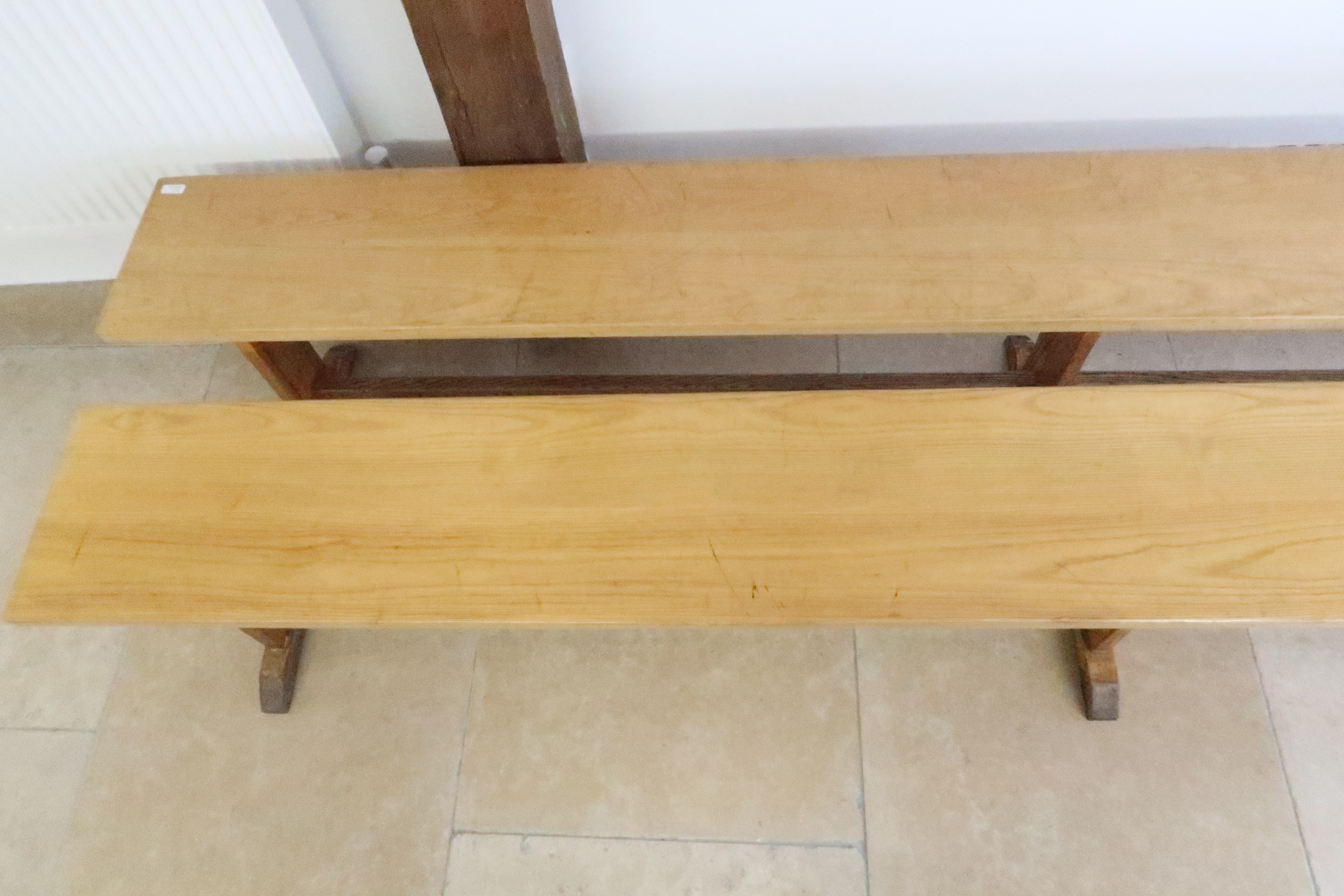 A pair of oak benches - Length 280cm x Height 47cm - removed from a local private school dining hall - Image 3 of 4