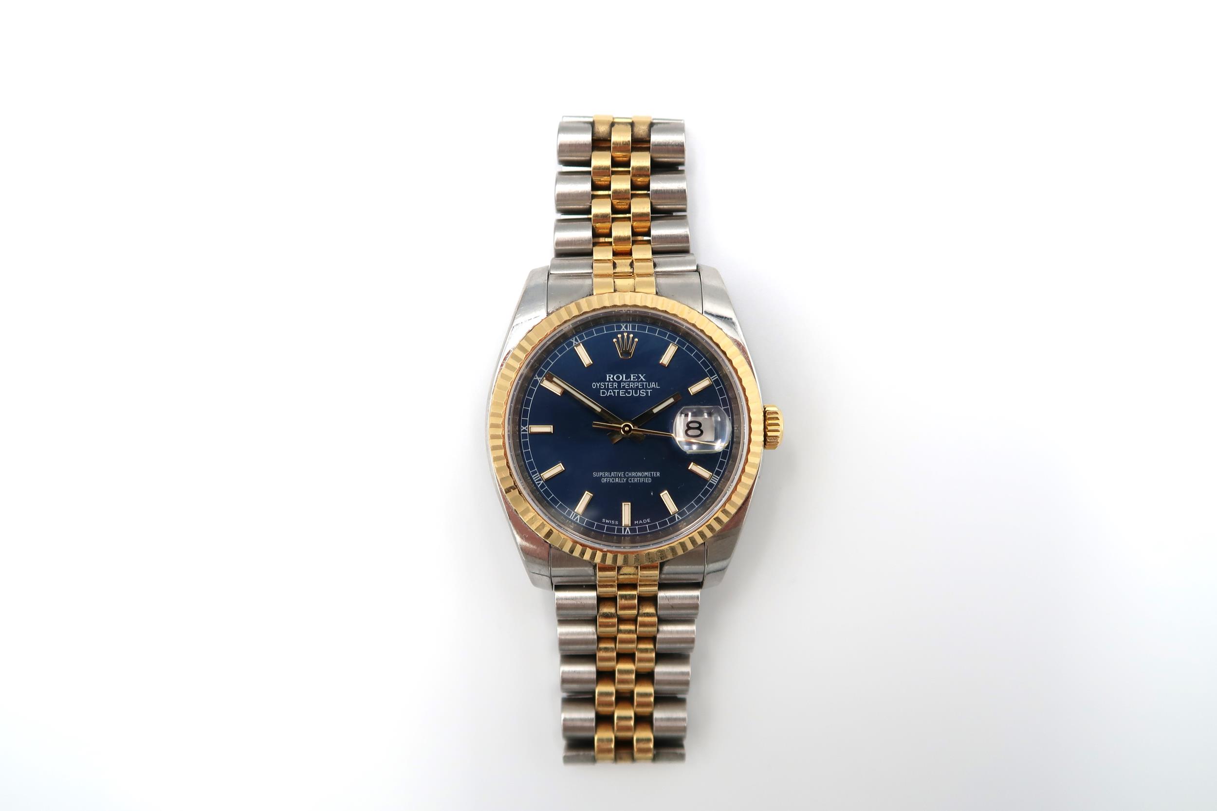 A Rolex Oyster Perpetual Datejust bimetal wristwatch Blue enamel dial with baton markers, date