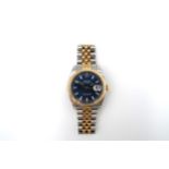 A Rolex Oyster Perpetual Datejust bimetal wristwatch Blue enamel dial with baton markers, date