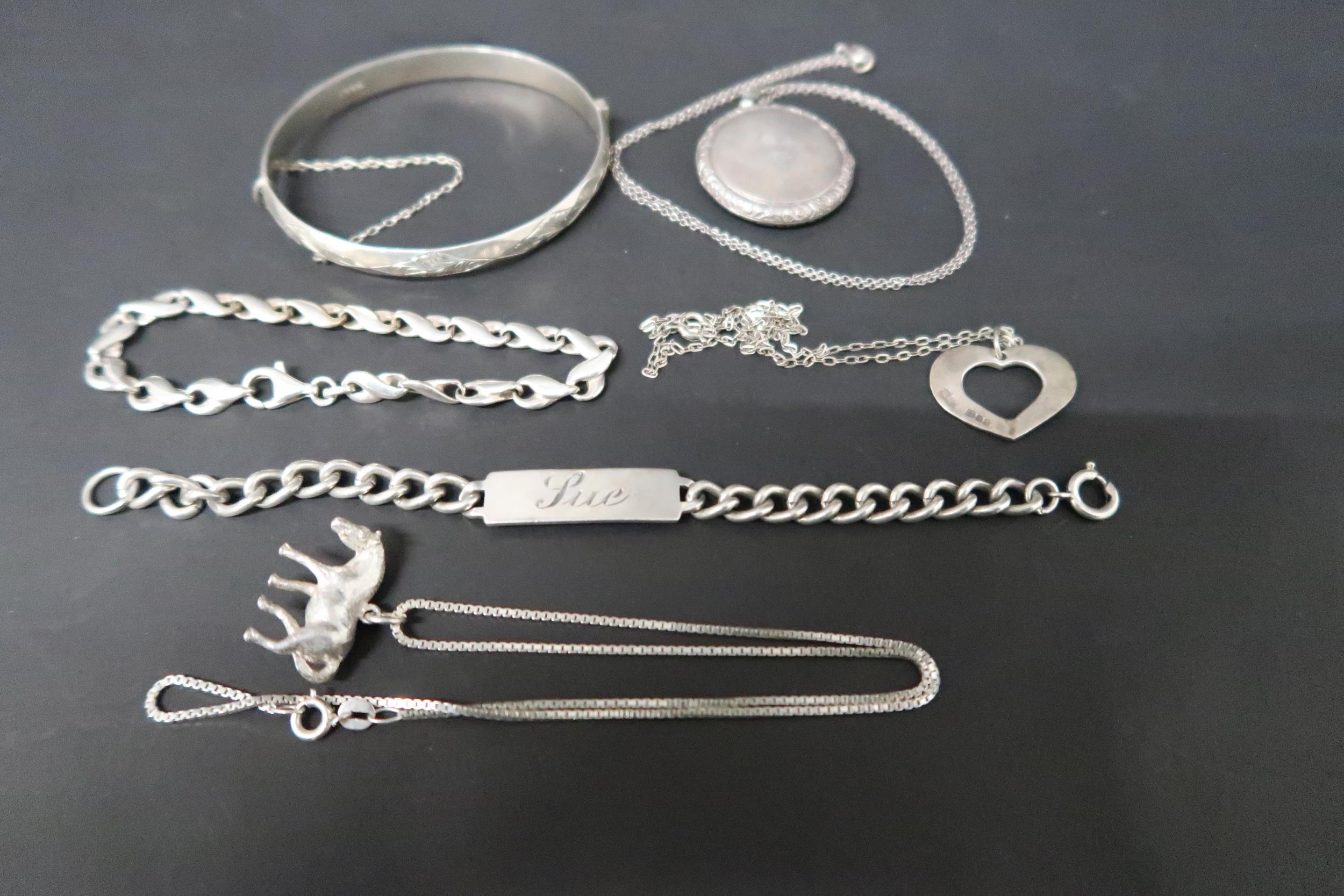 A hallmarked silver circular locket on chain, bracelet, plus two necklaces, one necklace with equine