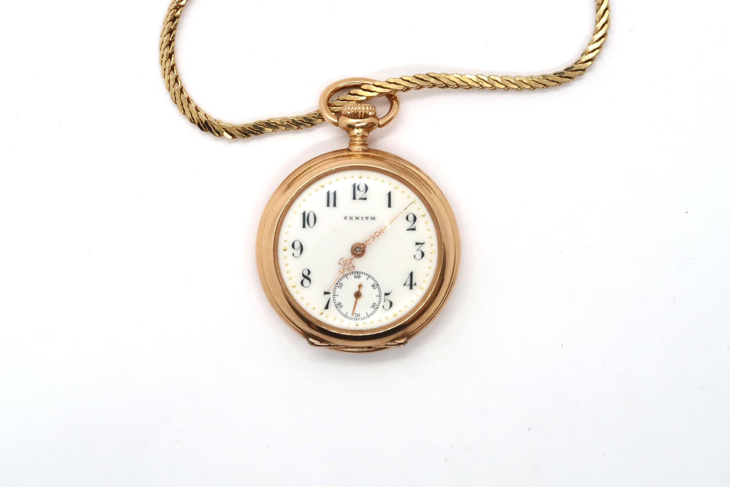 An 18ct yellow gold Zenith pocket watch on yellow metal chain - approx. weight 21.2 grams - Image 2 of 3