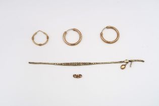 A pair of yellow gold earrings and one singular along with scrap 9ct chain, approx 10.3 grams