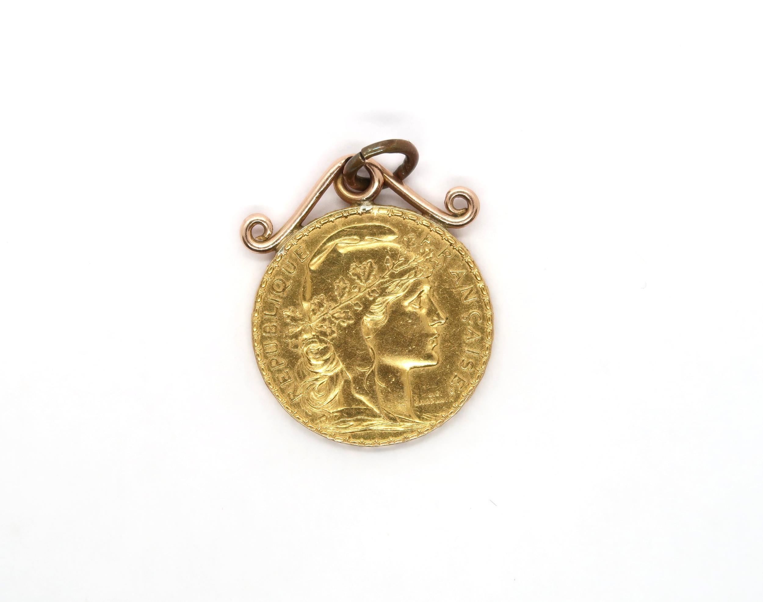 A 1913 gold 20 Franc coin in a mount - total weight approx 7 grams - Image 2 of 2