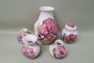 Moorcroft Pottery - Five items, cream ground, possibly Magnolia - Height of largest 20cm x 13cm