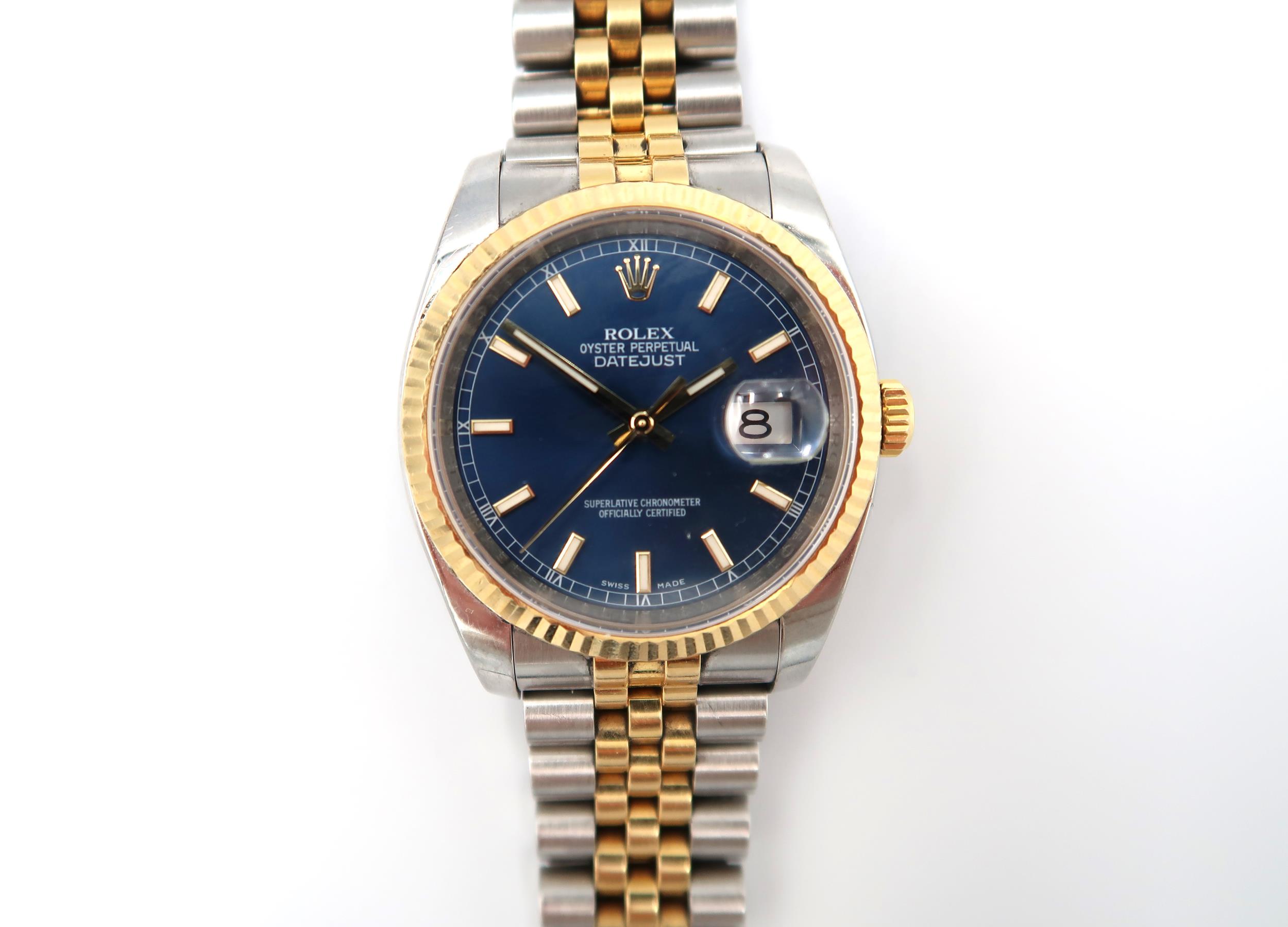 A Rolex Oyster Perpetual Datejust bimetal wristwatch Blue enamel dial with baton markers, date - Image 2 of 7