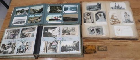 Three Albums of Vintage postcards, including Oriental, a Mauchline ware box and a small Tunbridge