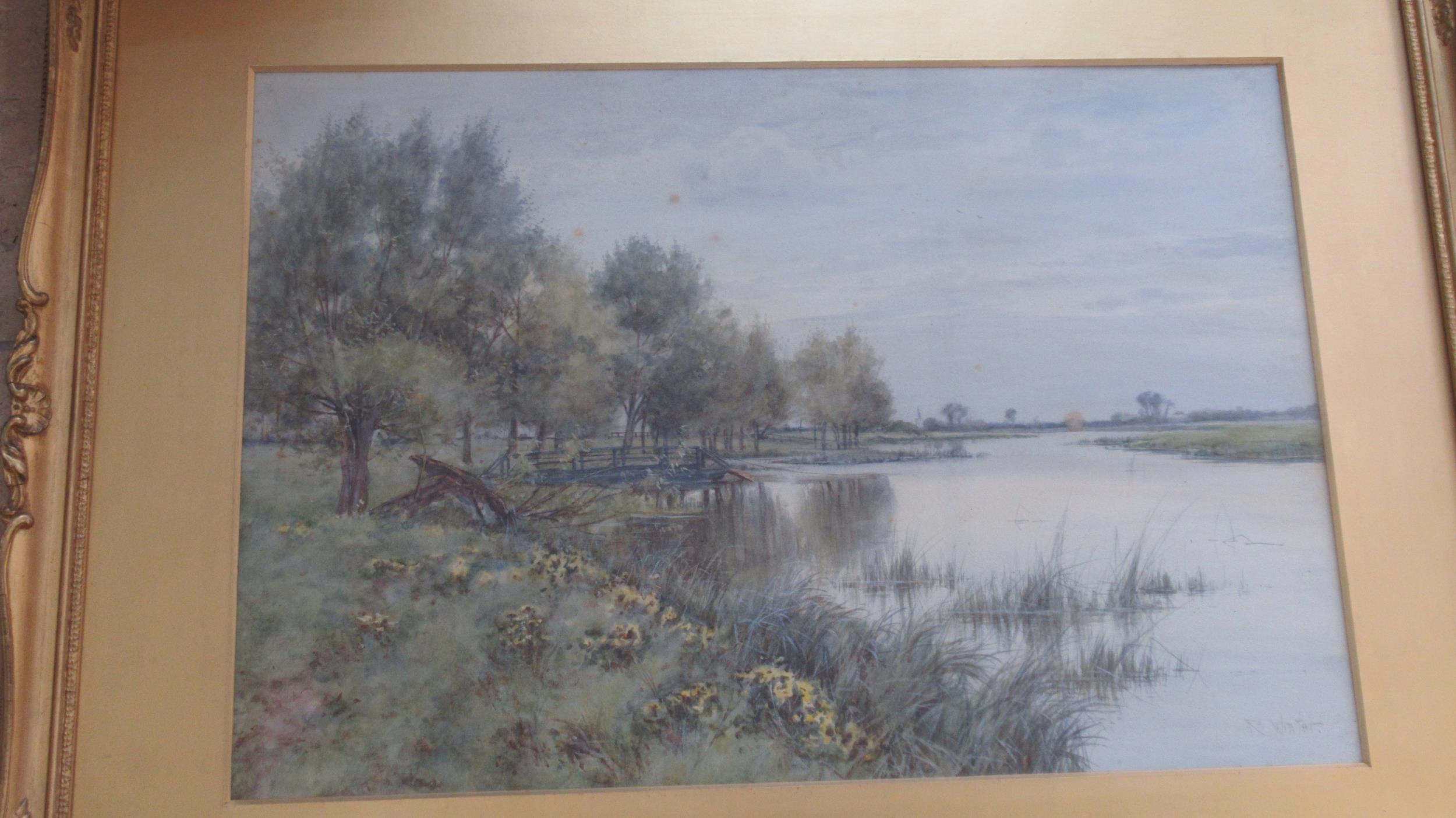 A pair of Robert Winter Fraser watercolours - Landscape with river to fore, of local interest, Wyton - Image 2 of 5