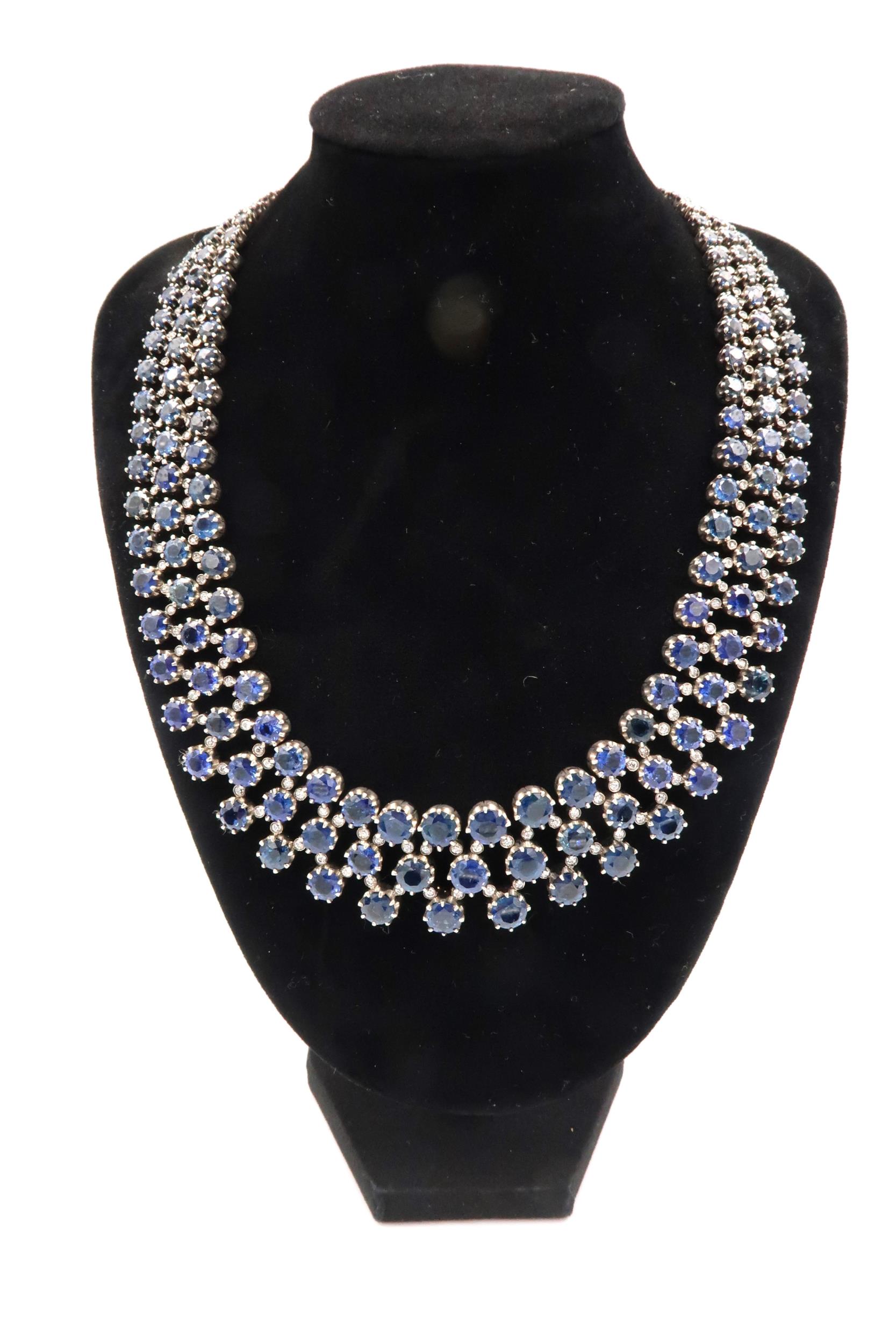 A stunning three row articulated sapphire and diamond necklace. The graduating circular claw set - Image 5 of 11