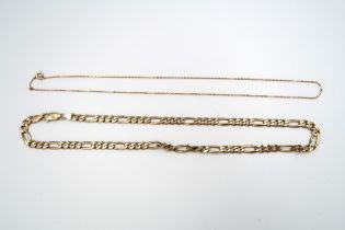 A figaro link chain. Stamped 375. Weight 15.29 grams. Together with a fine belcher link chain.