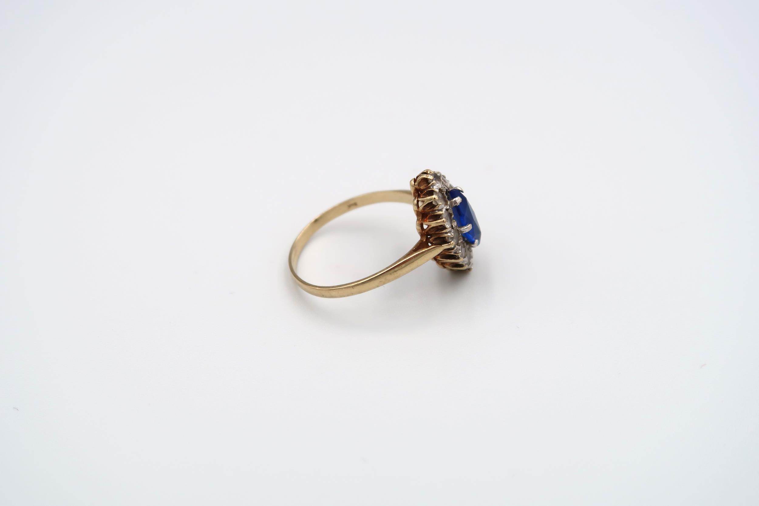 Two 9ct gold rings. To include a sapphire and diamond cluster ring and a paste set marquise shape - Image 2 of 6