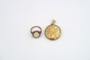 A 9ct gold circular pendant and ring, oval opal to shoulder, size H, total weight approx 9.9 grams