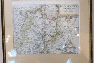 A coloured framed map of Huntingdon circa 1610 by Saxton Kip - 33cm x 25cm