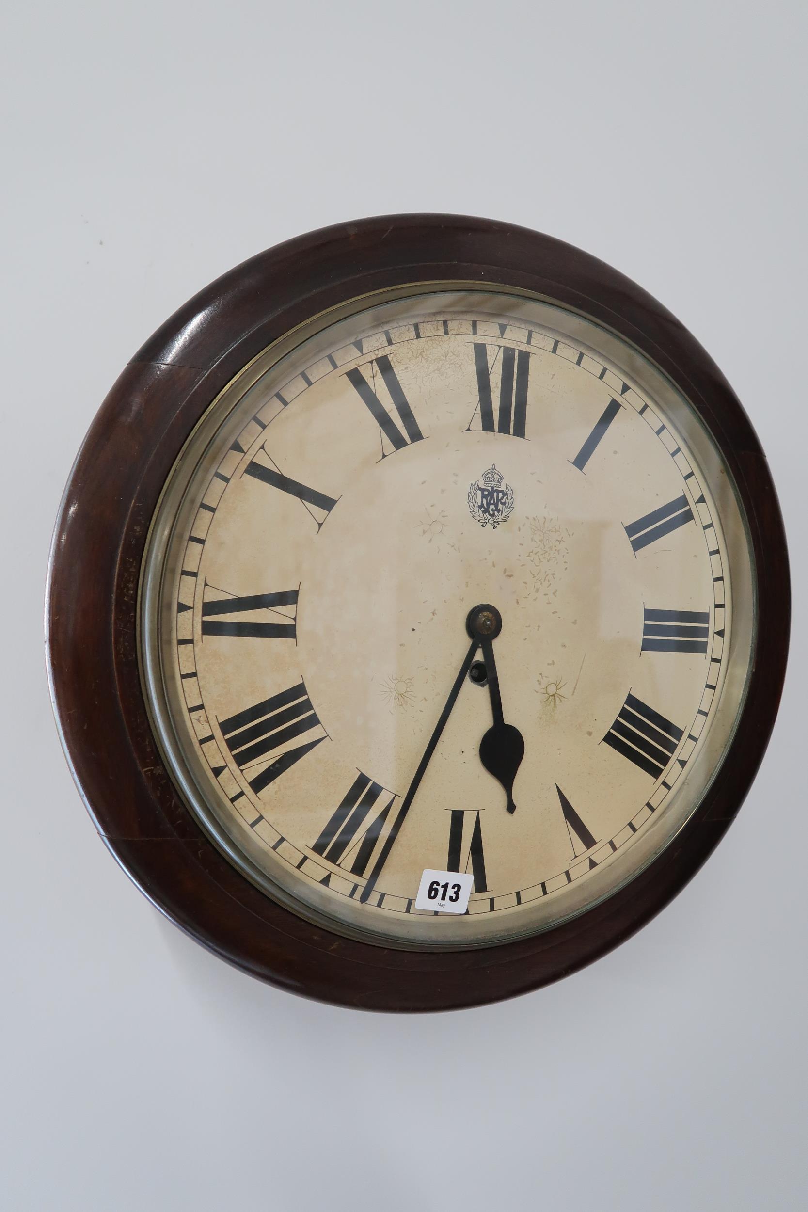 A RAF wall clock with a 14" dial, the fusee movement stamped Elliot with a key and pendulum