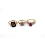 Three rings to include: a 9ct gold sapphire and white stone cluster ring weight 1.78 grams, size