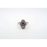 A platinum Art Deco style sapphire and diamond ring, sapphire good colour, diamonds are bright and
