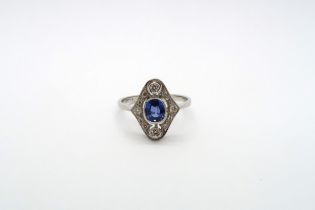 A platinum Art Deco style sapphire and diamond ring, sapphire good colour, diamonds are bright and