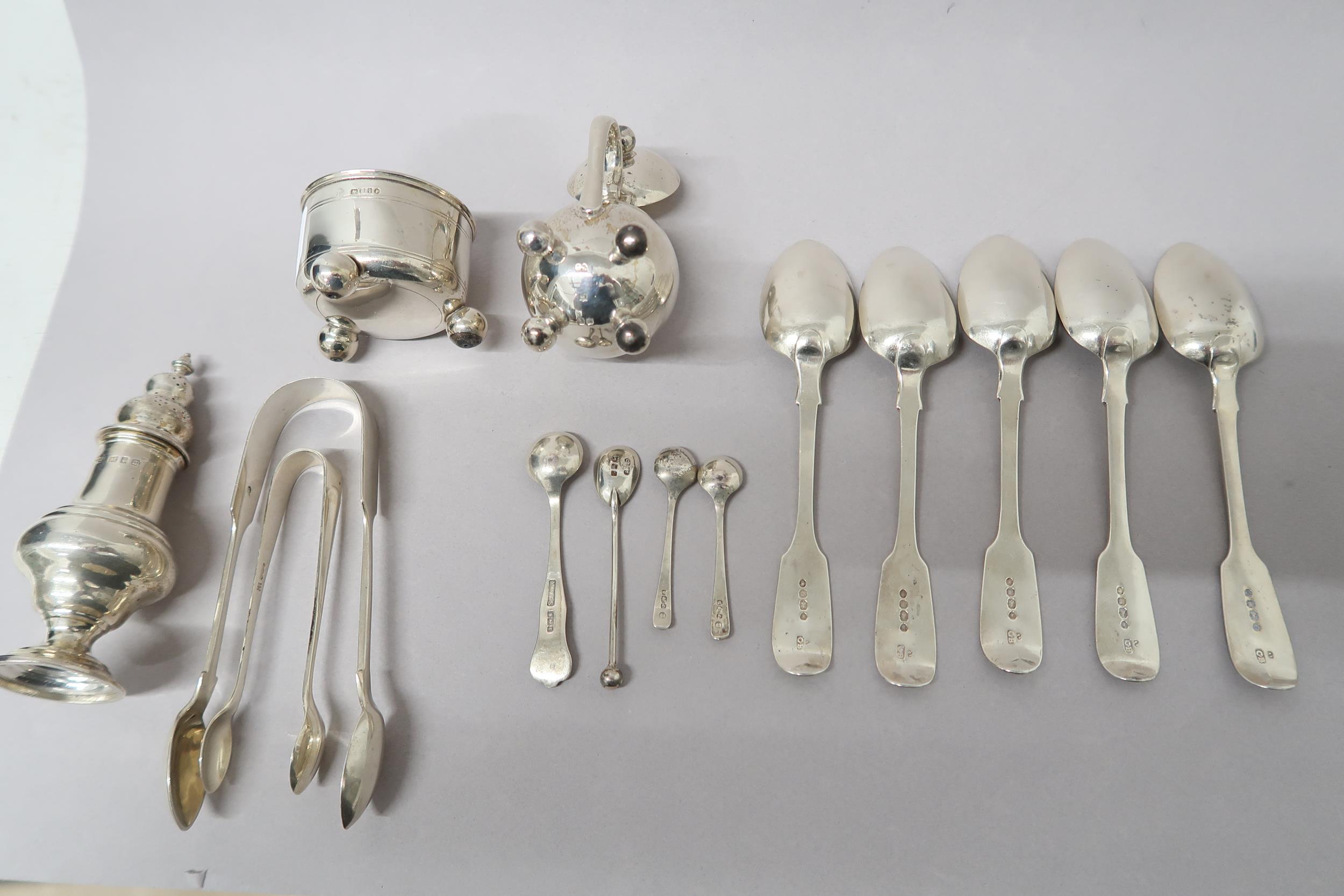 Five silver spoons, two mustard bowls, salt shaker, two tongs and four condiment spoons - approx - Image 2 of 3