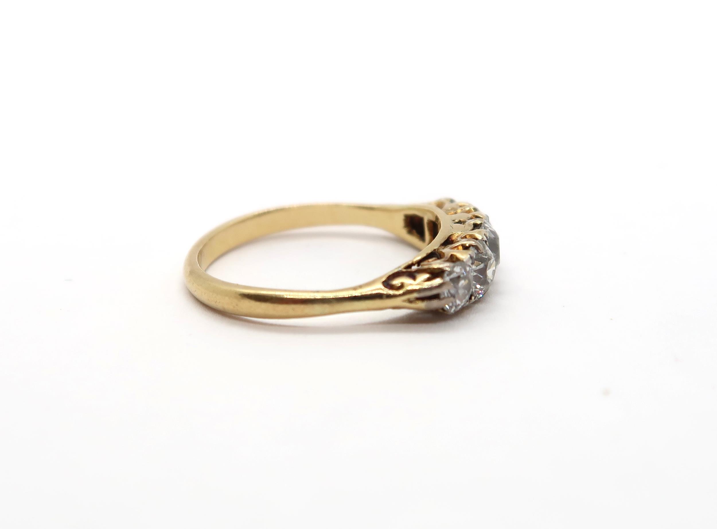 A ladies 18ct yellow gold ring set with five old cut diamonds - ring size P - estimated total - Image 3 of 5