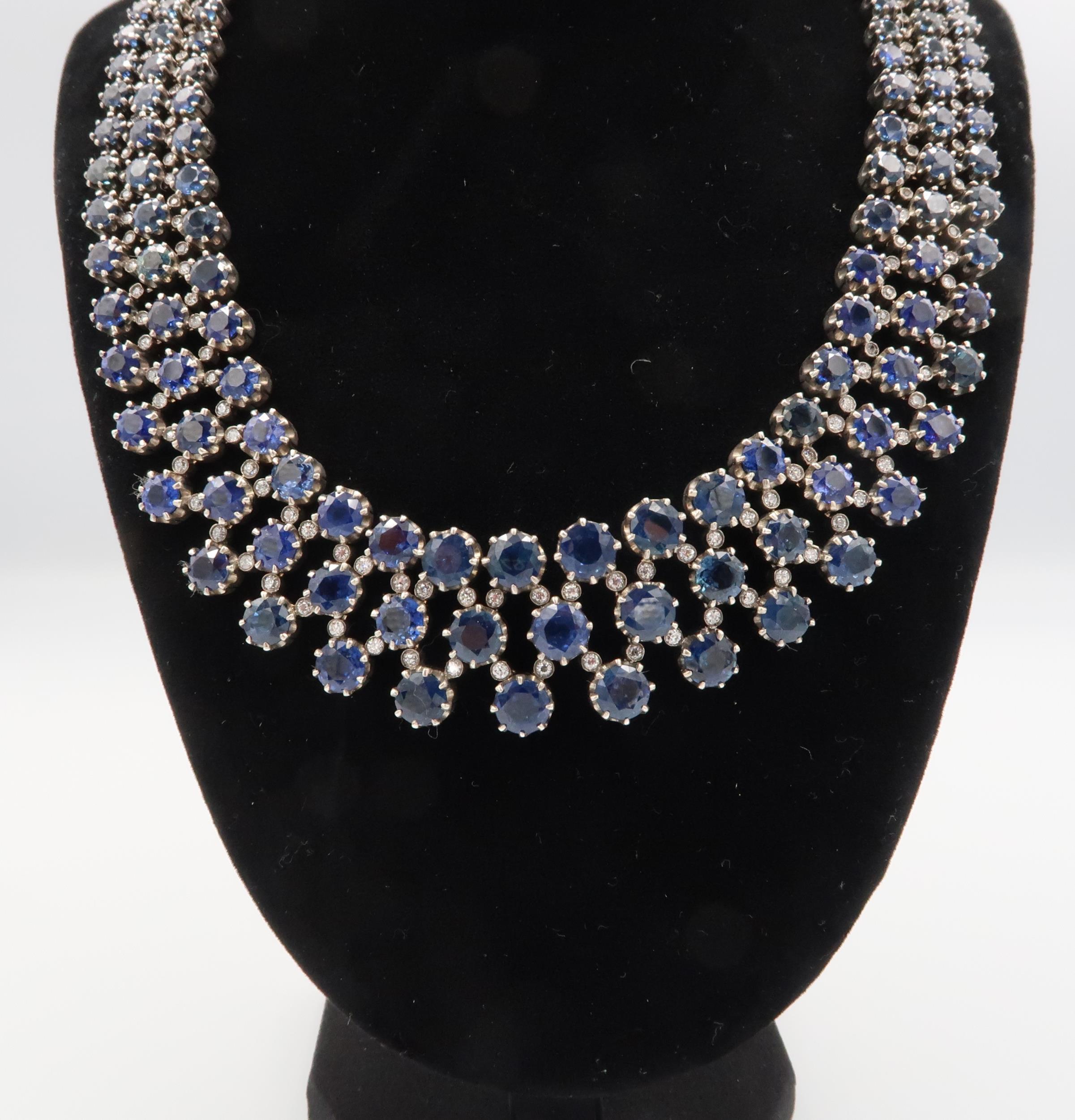 A stunning three row articulated sapphire and diamond necklace. The graduating circular claw set - Image 6 of 11
