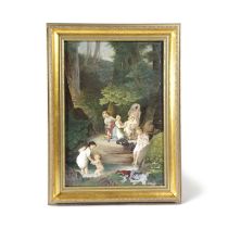 A LARGE VIENNA PORCELAIN PLAQUE OF CHILDREN BATHING LATE 19TH CENTURY painted with seven children