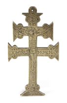 A DOUBLE-ARMED BRONZE CROSS PENDANT POSSIBLY 17TH OR 18TH CENTURY engraved with Christ beneath a