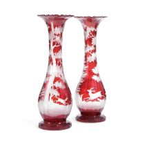 A PAIR OF BOHEMIAN GLASS VASES 19TH CENTURY the slender teardrop forms flashed in ruby and