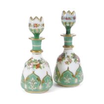 A PAIR OF BOHEMIAN GLASS DECANTERS AND CUP STOPPERS LATE 19TH / EARLY 20TH CENTURY painted with