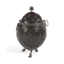 A SILVER MOUNTED COCONUT AND COVER EARLY 19TH CENTURY carved with a rondel of a pair of love birds