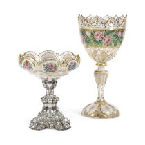 A GOOD BOHEMIAN GLASS VASE MID-19TH CENTURY the cup bowl painted with a band of roses, the foot